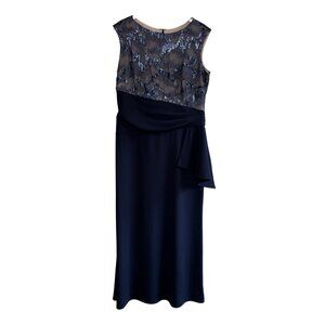 EUC Le Bos Evening Dress Size 16 Long Navy Nude Sequin Formal Plus Elegant Gown